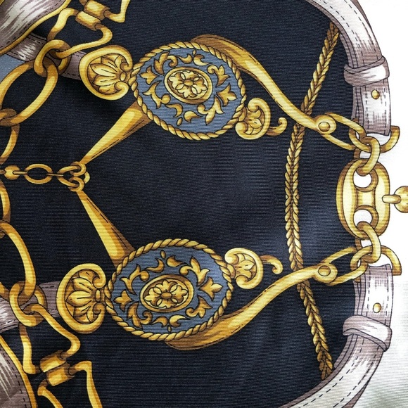 Silk Scarf - Gold Chains Tassels Filigree Design - Gray Black Cream Gold 34” - Picture 4 of 9